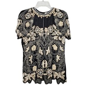 VINTAGE Niteline beaded evening top blouse sequin faux pearl holiday